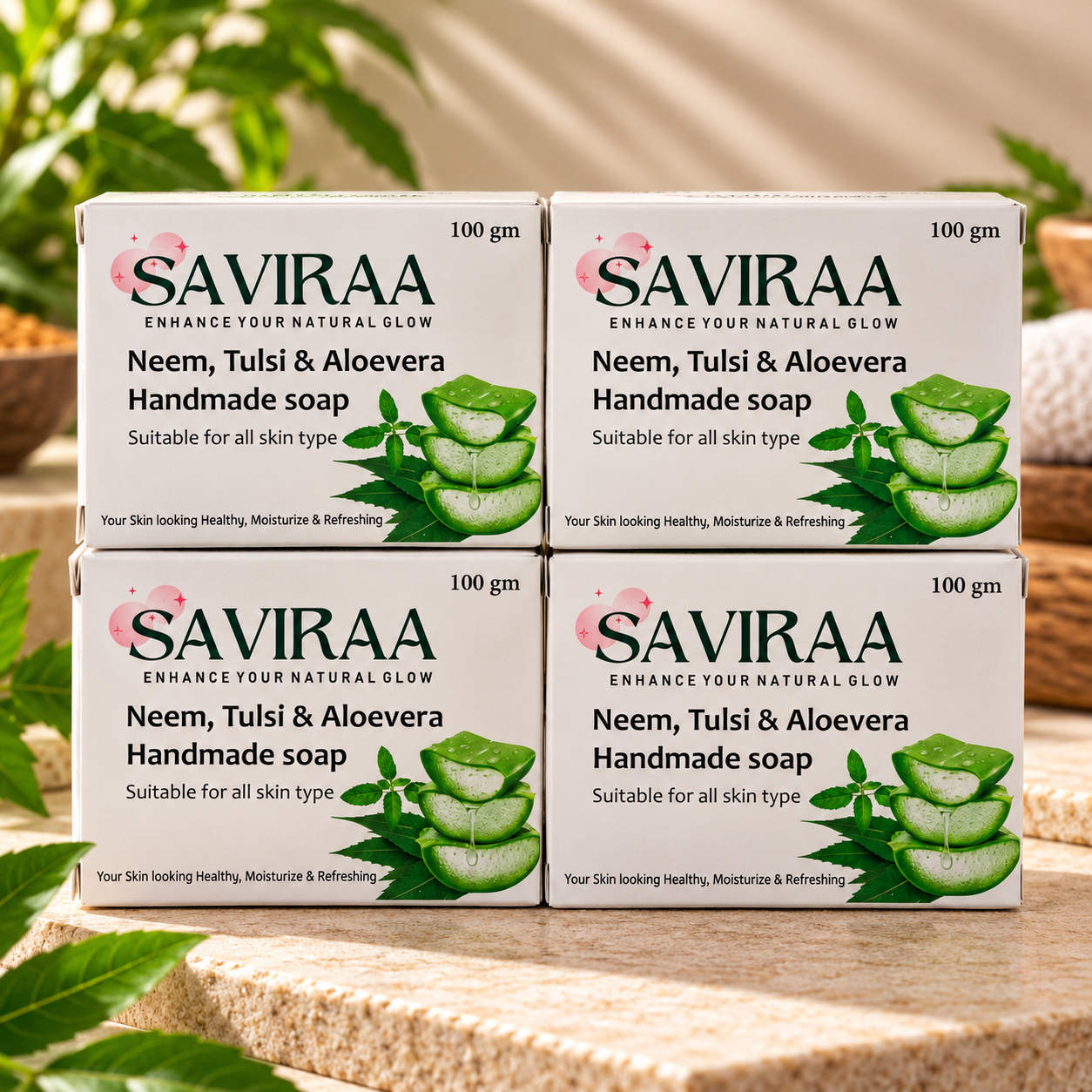 SAVIRAA Neem, Tulsi & Aloevera Handmade Soap – Pack of 4 (400g)