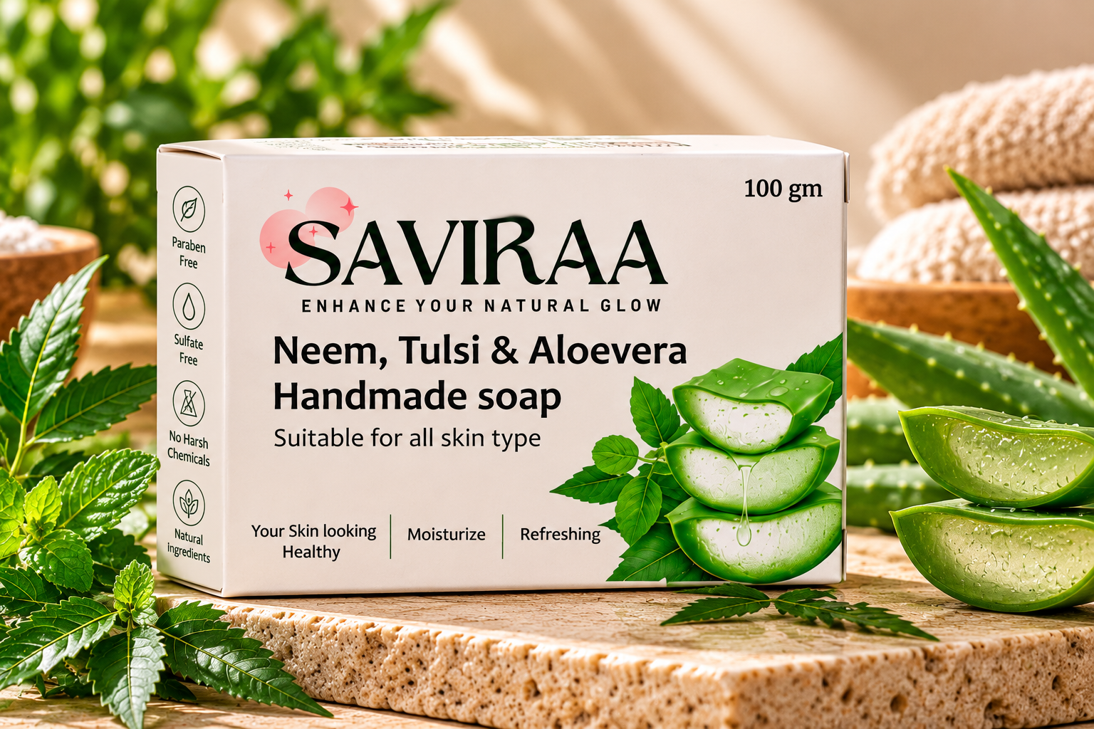 SAVIRAA Neem, Tulsi & Aloevera Handmade Soap – Pack of 4 (400g) - Image 2