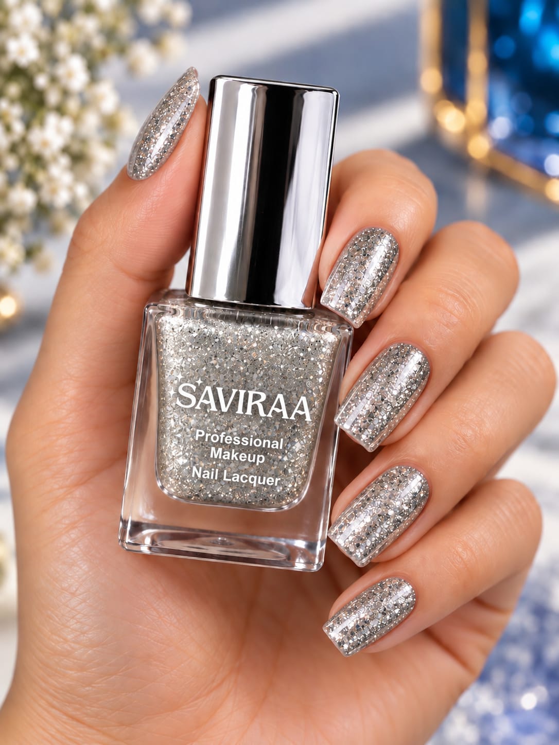 SAVIRAA Professional Makeup Nail Lacquer – Silver Glitter Nail Polish