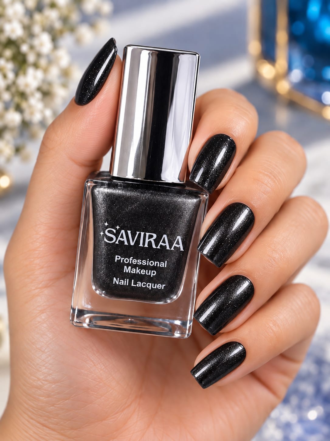 SAVIRAA Professional Makeup Nail Lacquer – Black Glitter Nail Polish