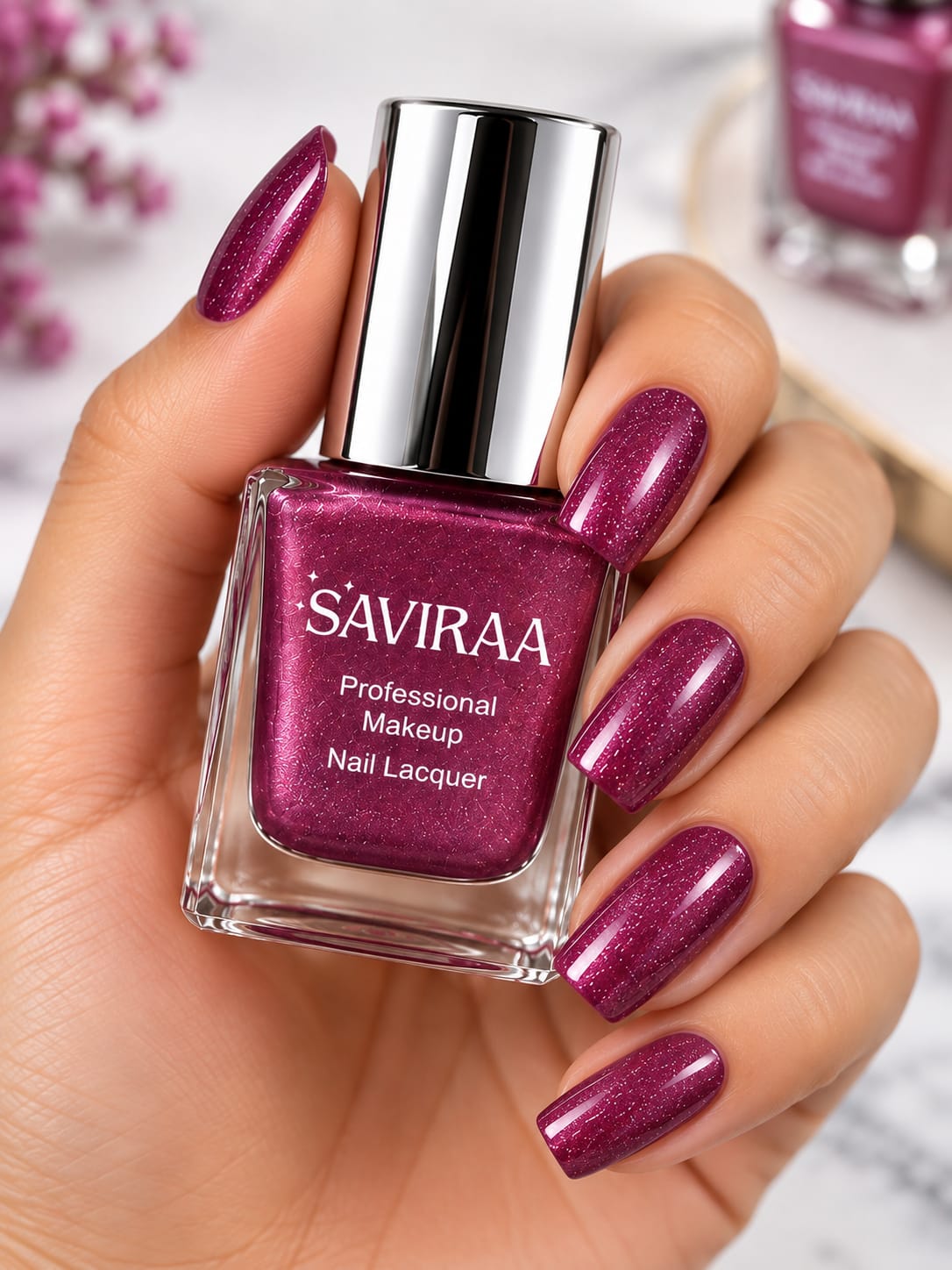 SAVIRAA Professional Makeup Nail Lacquer – Magenta Glitter Nail Polish