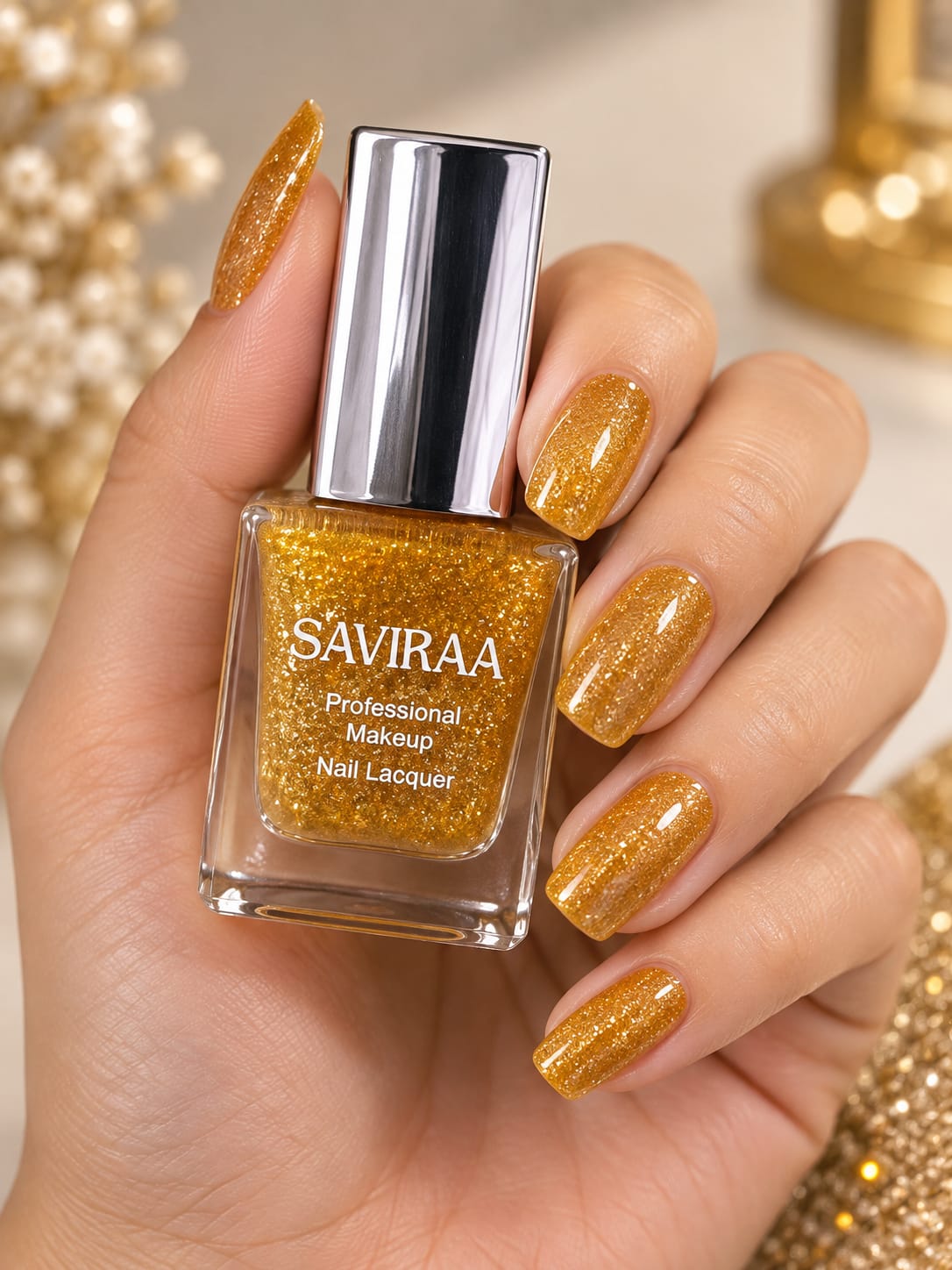 SAVIRAA Professional Makeup Nail Lacquer – Golden Glitter Nail Polish